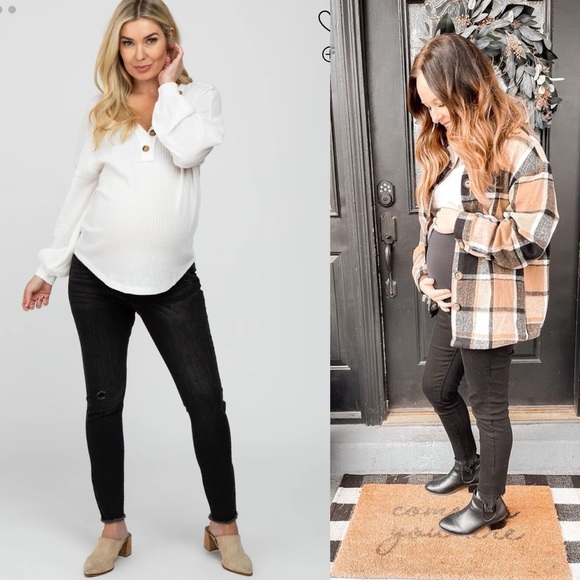 Pinkblush Faded Black Distressed Raw Hem Full Panel Maternity Jeans - Picture 3 of 10